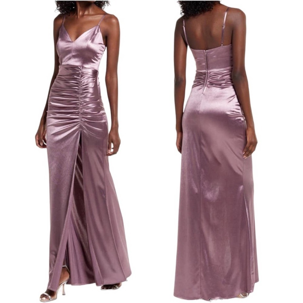 Love, Nickie Lew Large Purple Ruched Slit Gown